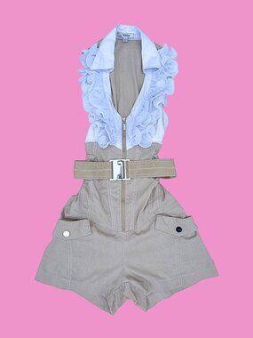 Vintage Entry Belted Ruffle Utility Romper